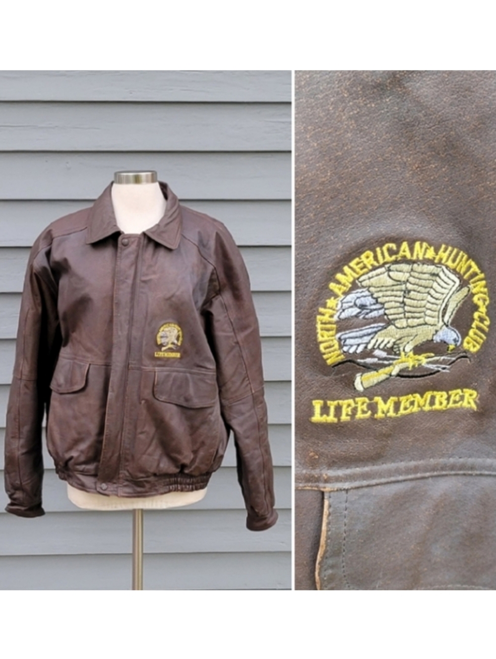 Vintage 90s North American Hunting Club Embroidered Brown Leather Bomber Jacket